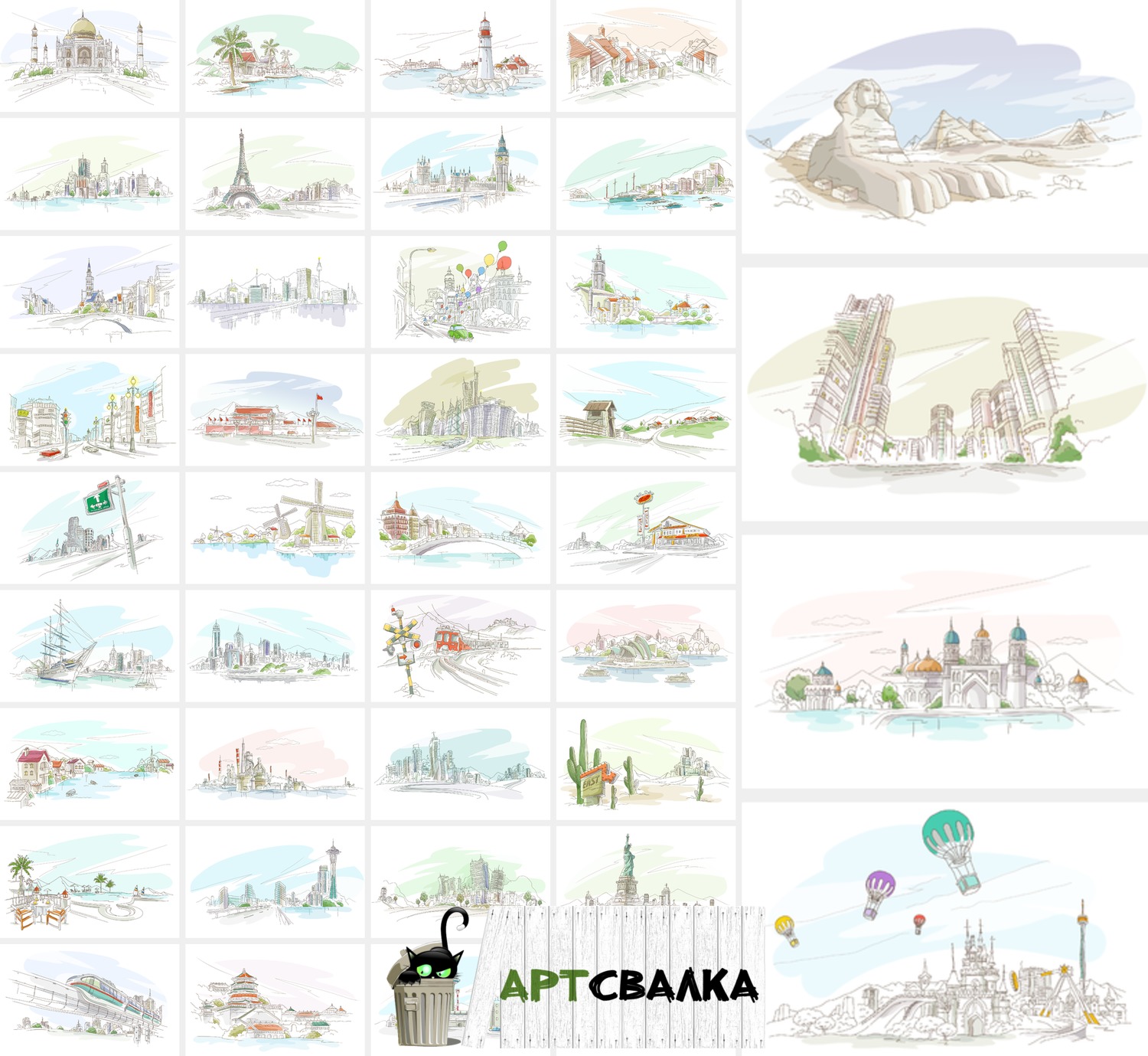 Рисованные панорамы городов. | Drawn panoramas of cities.
